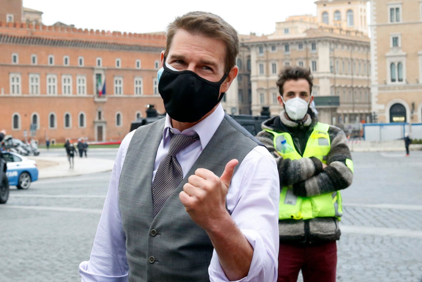 Tom Cruise wearing two face masks on set of Mission: Impossible 7 in Rome